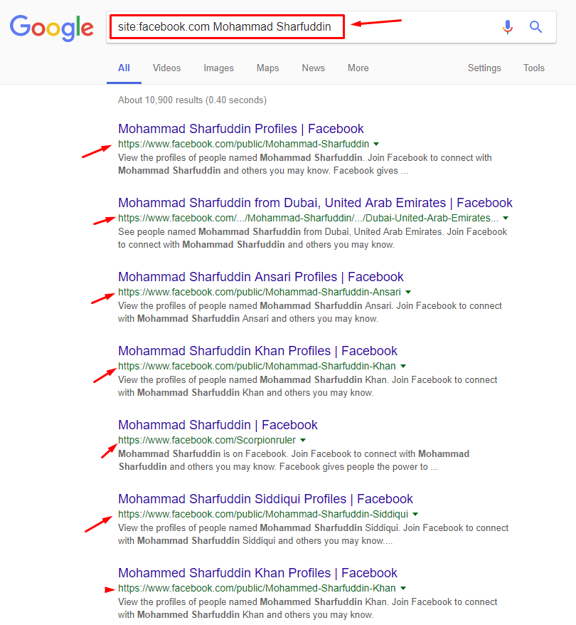 google search for facebook