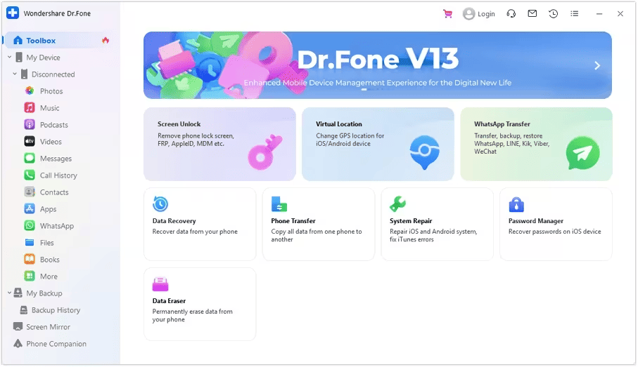 Dr. Fone Home Screen